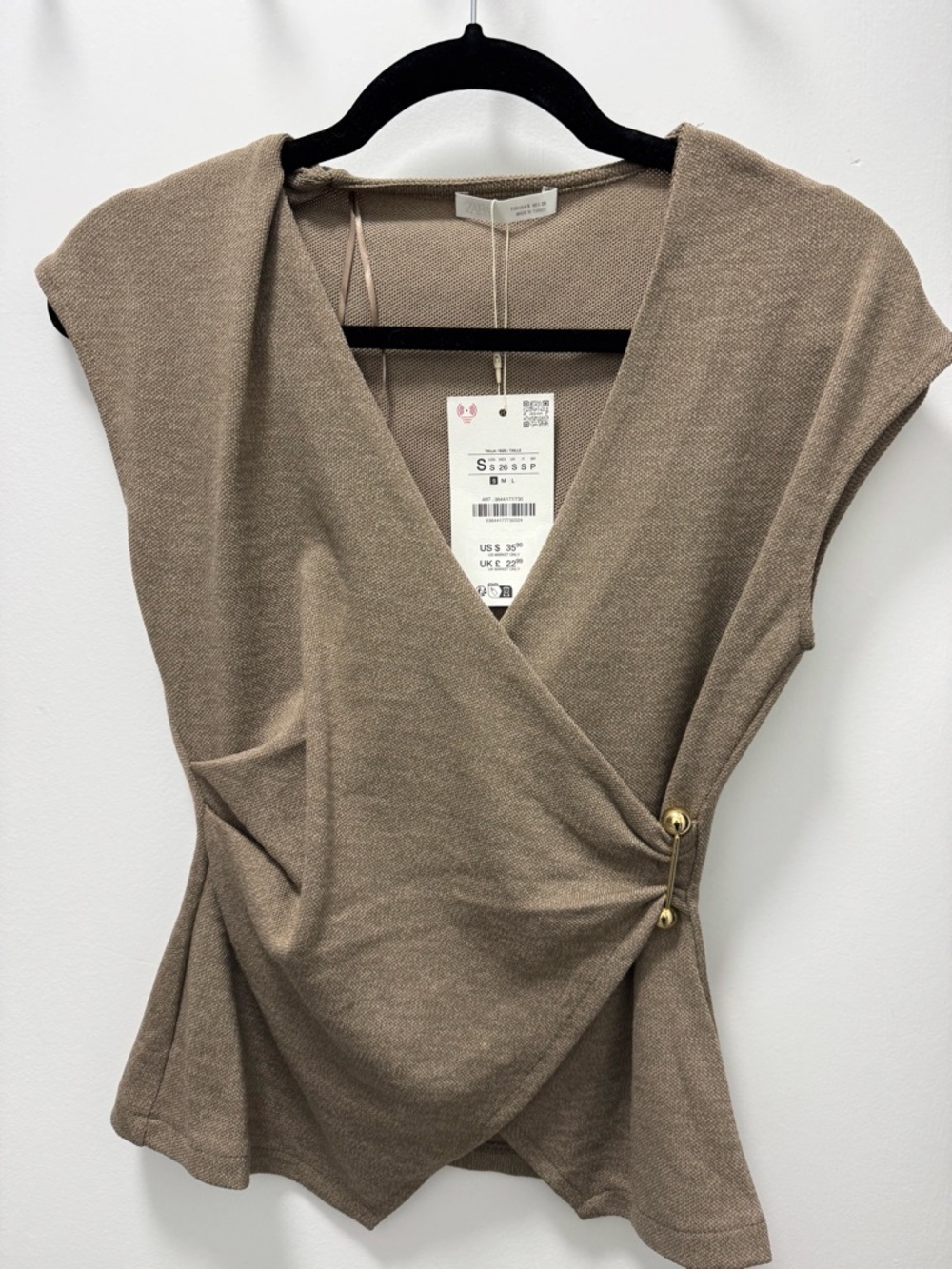 NWT Zara Taupe V-Neck Sleeveless Knit Top with Gold Detail Small
